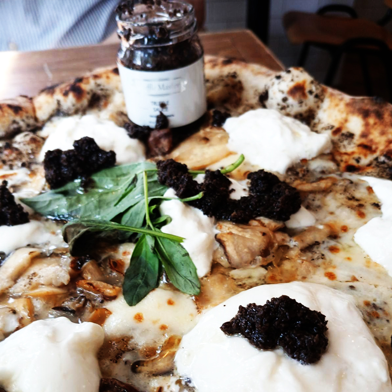Pizza with Burrata and Black Truffle Sauce