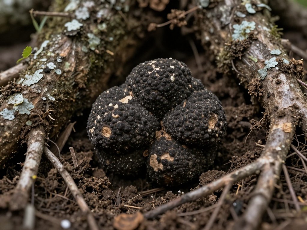 underground truffle growing naturally among tree roots in forest ecosystem