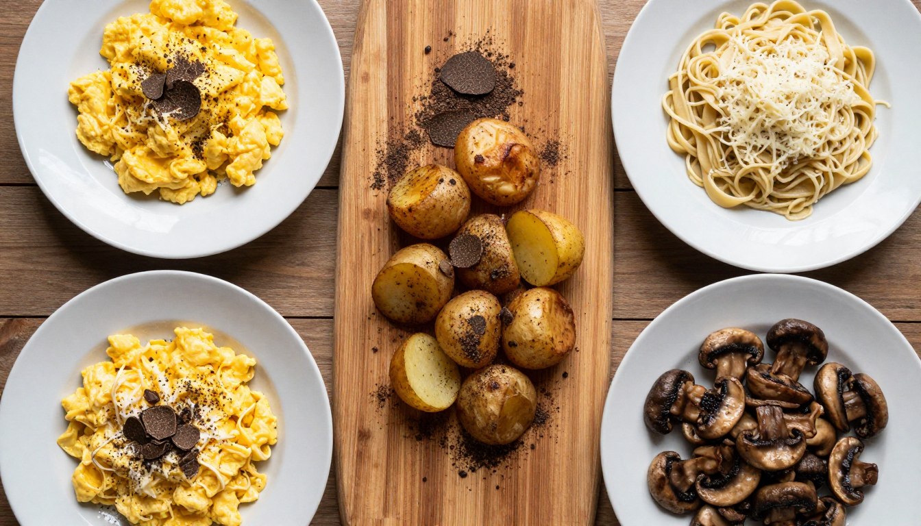 Collection of dishes enhanced with truffle powder including eggs, pasta, and vegetables
