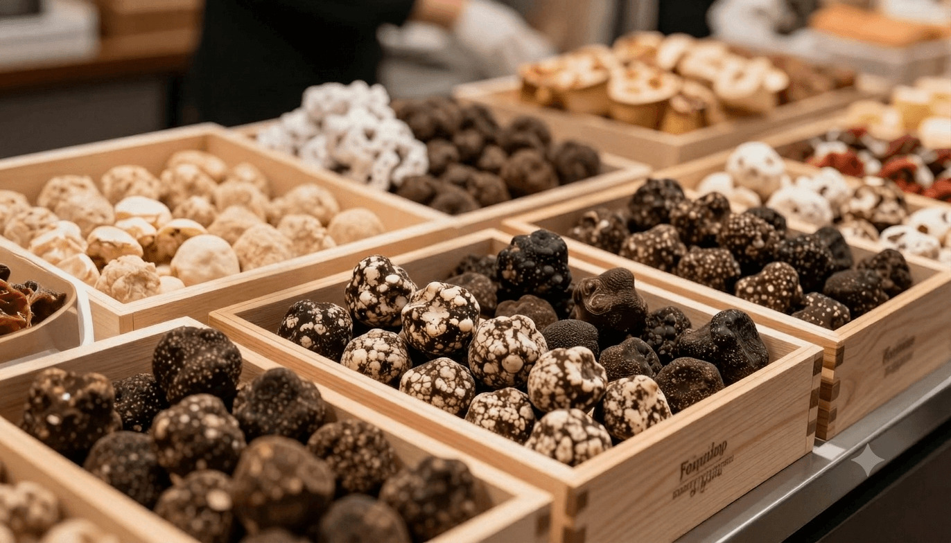 fresh truffles displayed at luxury food market