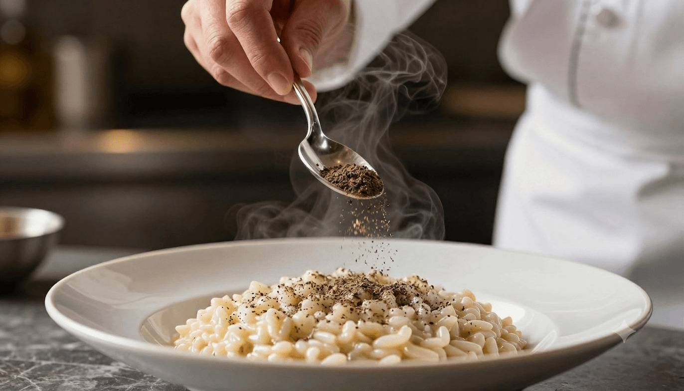Chef sprinkling truffle powder over creamy risotto in professional kitchen