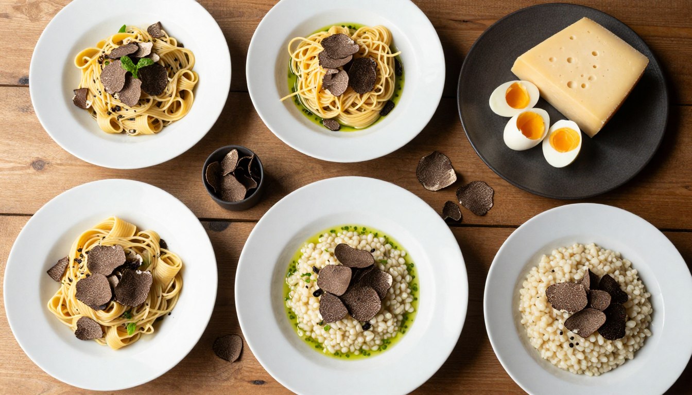 variety of dishes enhanced with truffle including pasta, eggs, and cheese