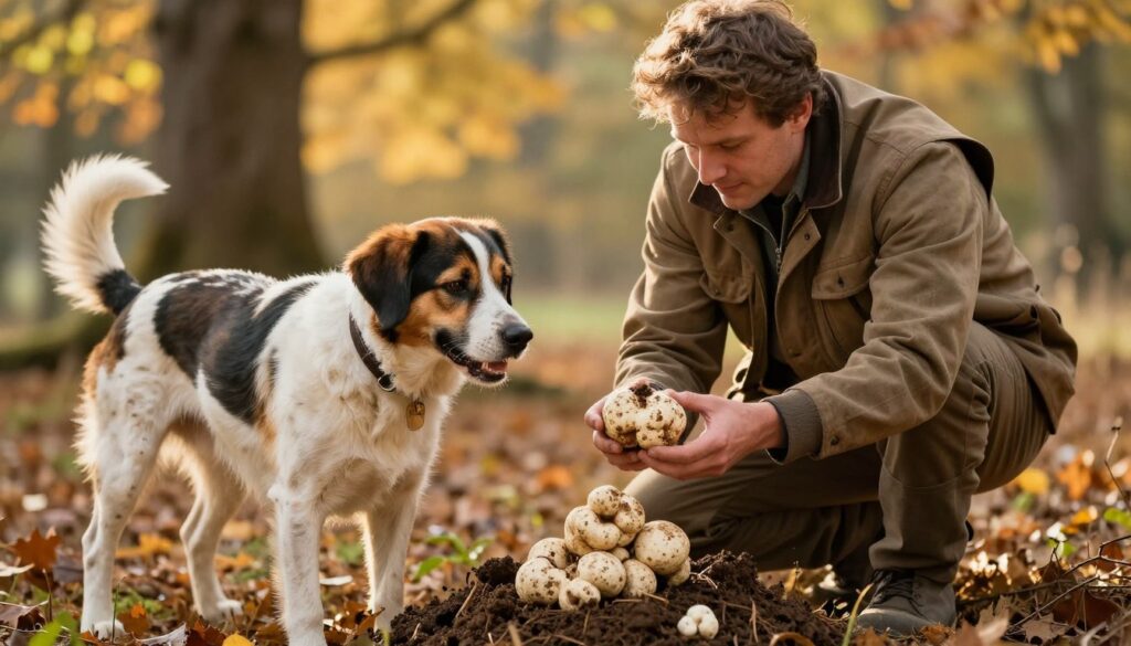 why is a truffle so expensive - rare white truffle being examined by expert hunter with trained dog in Italian forest
