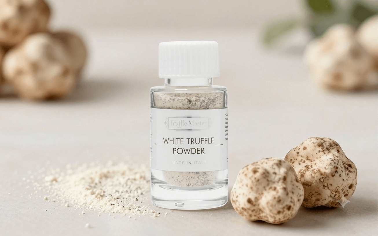 White truffle powder with fresh Alba white truffles showing premium quality