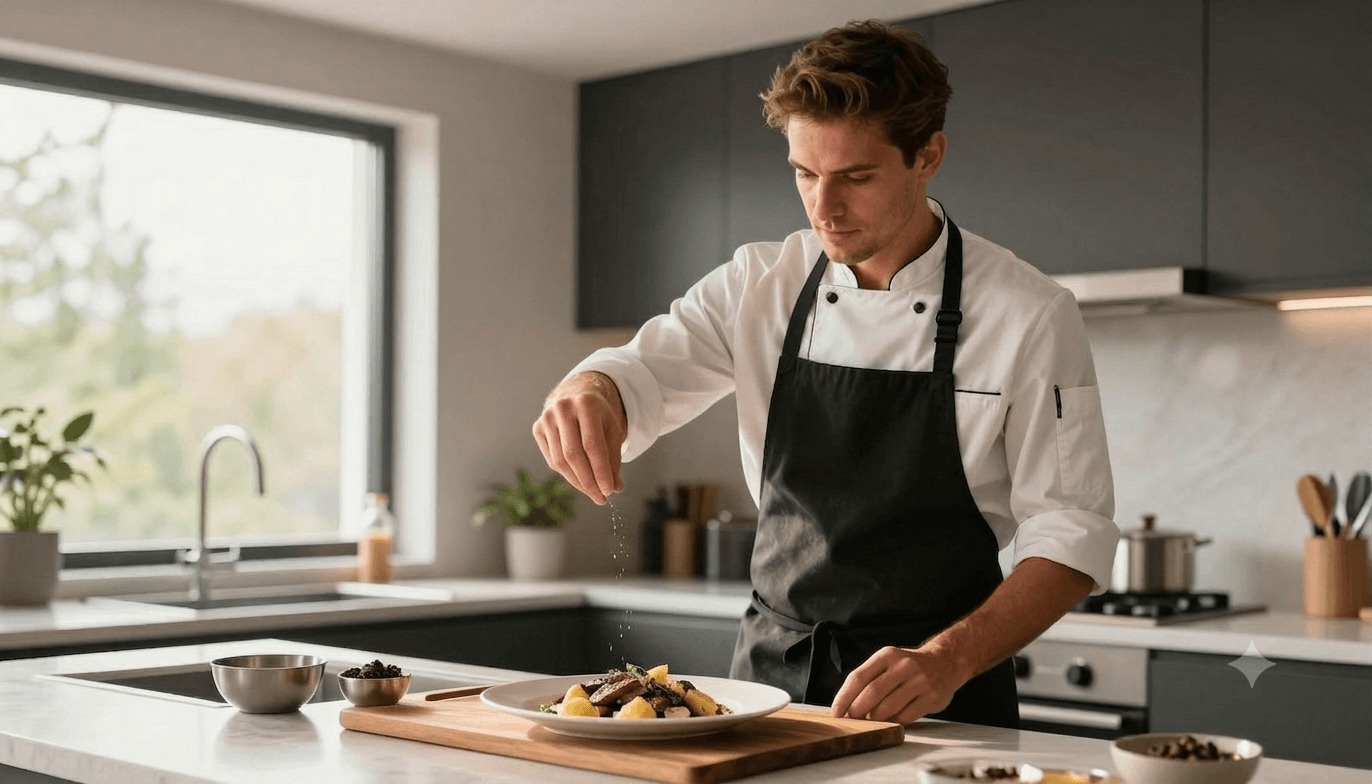 Home cook confidently using truffle powder in modern kitchen
