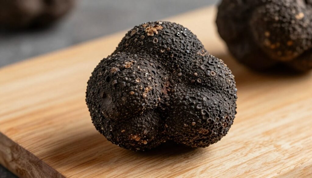 Fresh black truffle with distinctive warty exterior on rustic wooden surface