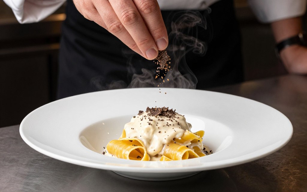 elegant pasta dish with truffle being added, restaurant plating showing culinary application