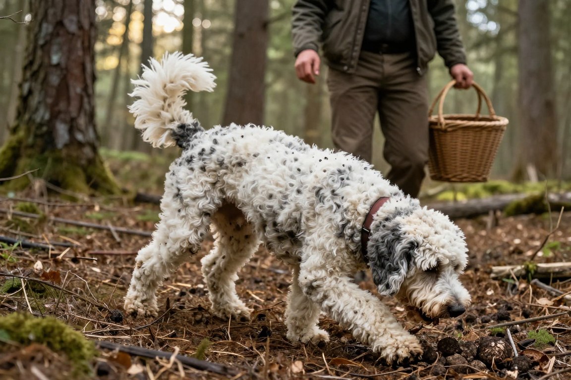 trained truffle hunting dog searching for truffles in European forest with handler