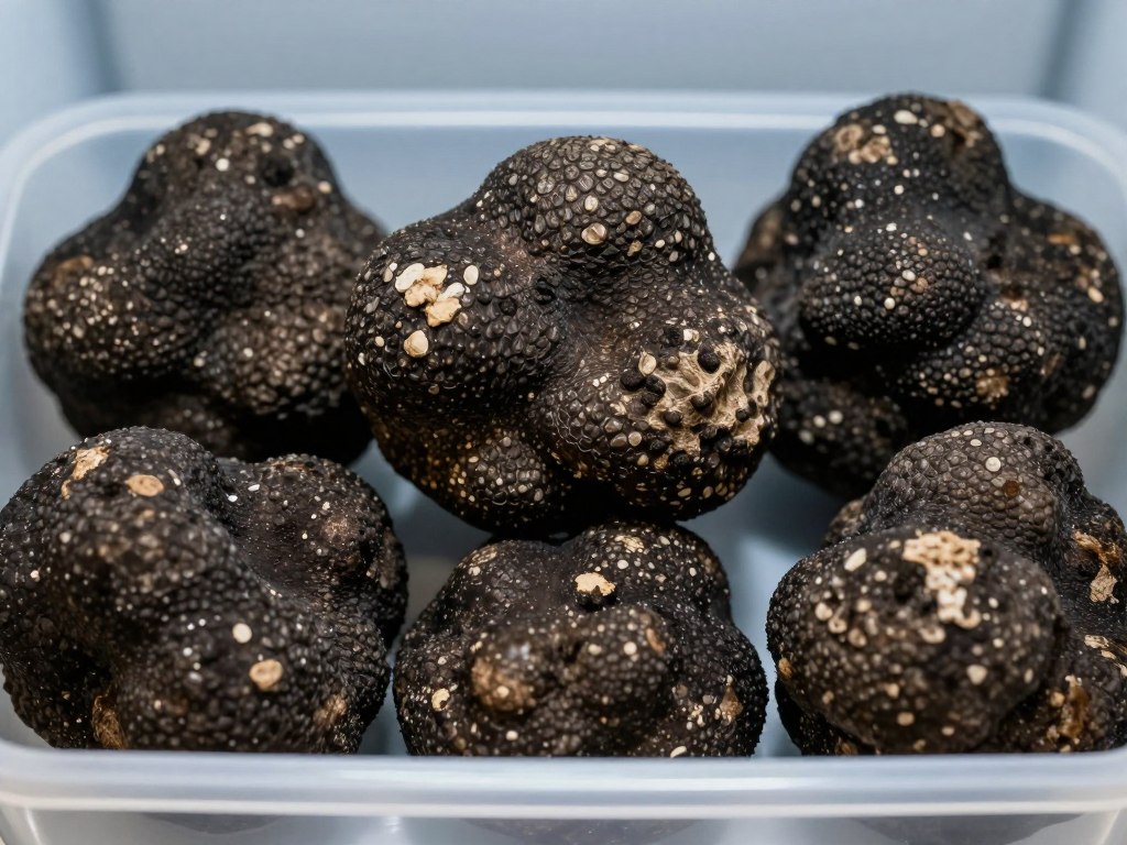 Fresh black truffles showing moisture loss and deterioration after several days of storage