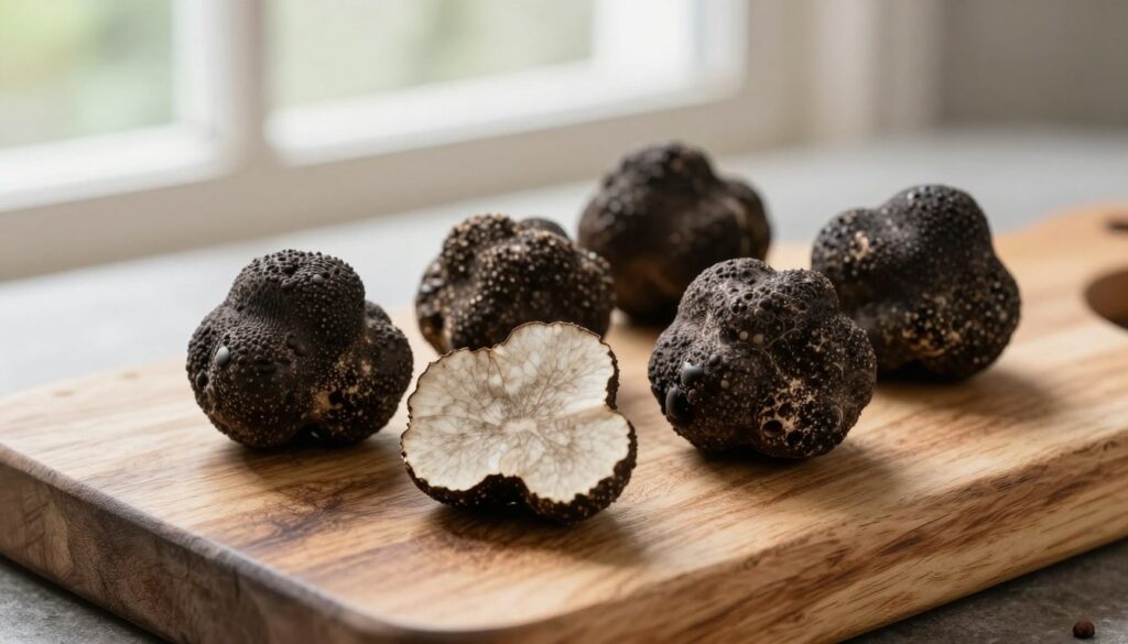 what does truffle taste like - fresh black and white truffles on rustic wooden surface