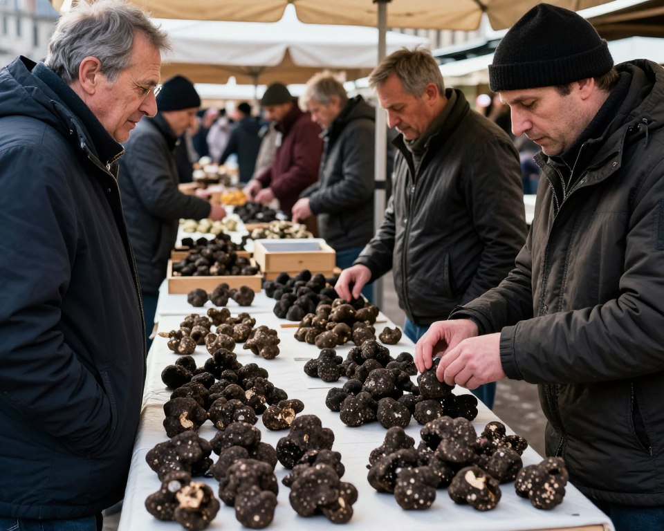 Truffle market with vendors displaying fresh specimens