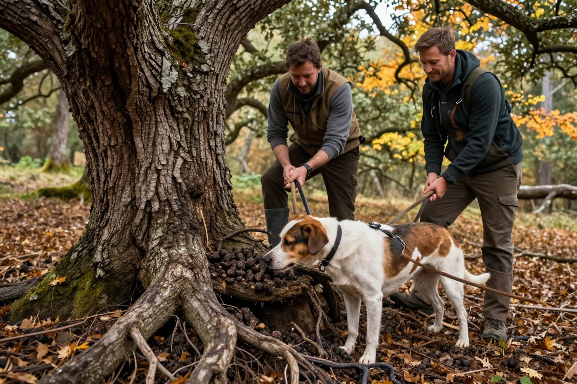 truffle hunting with trained dog in forest setting