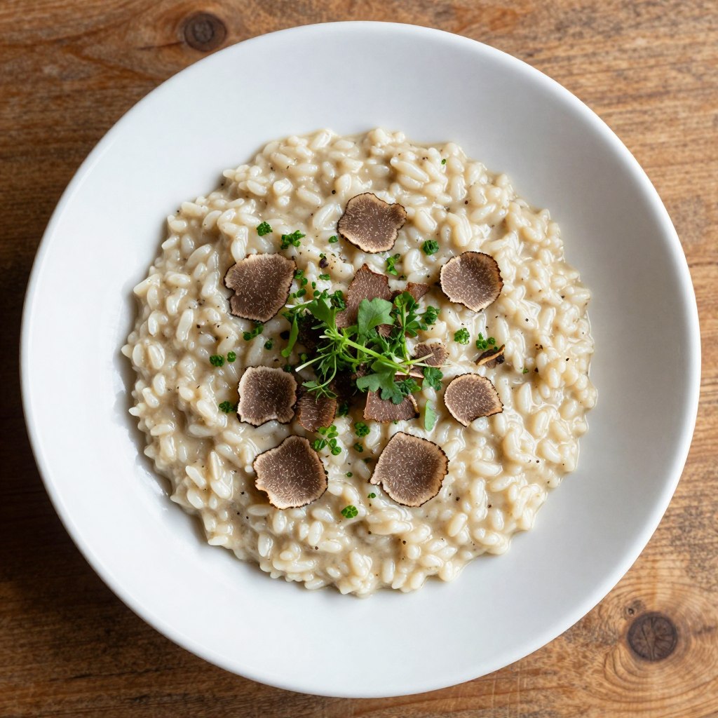 truffle-enhanced risotto in white bowl with garnish