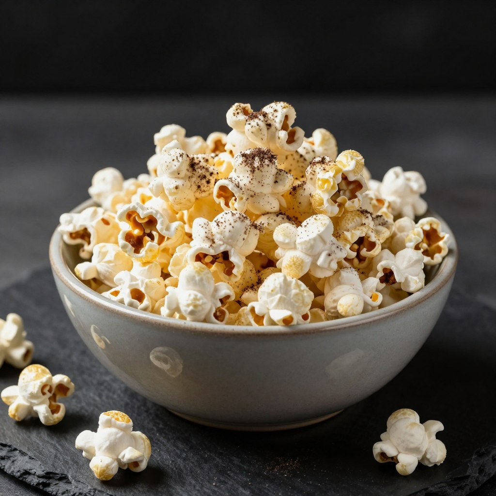 Gourmet popcorn with truffle powder seasoning in artisan bowl