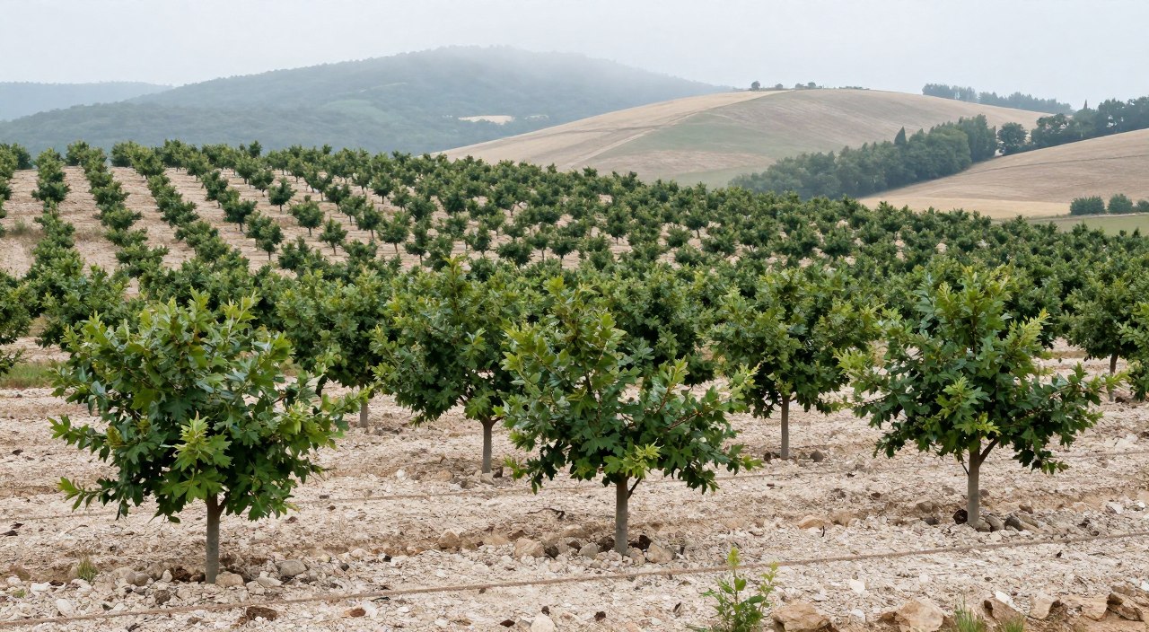 Truffle orchard with inoculated trees in rows