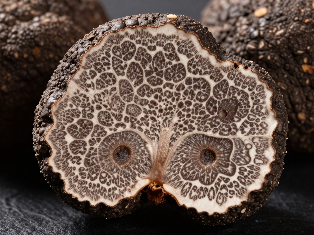 Cross-section of truffle showing interior marbling and spore patterns