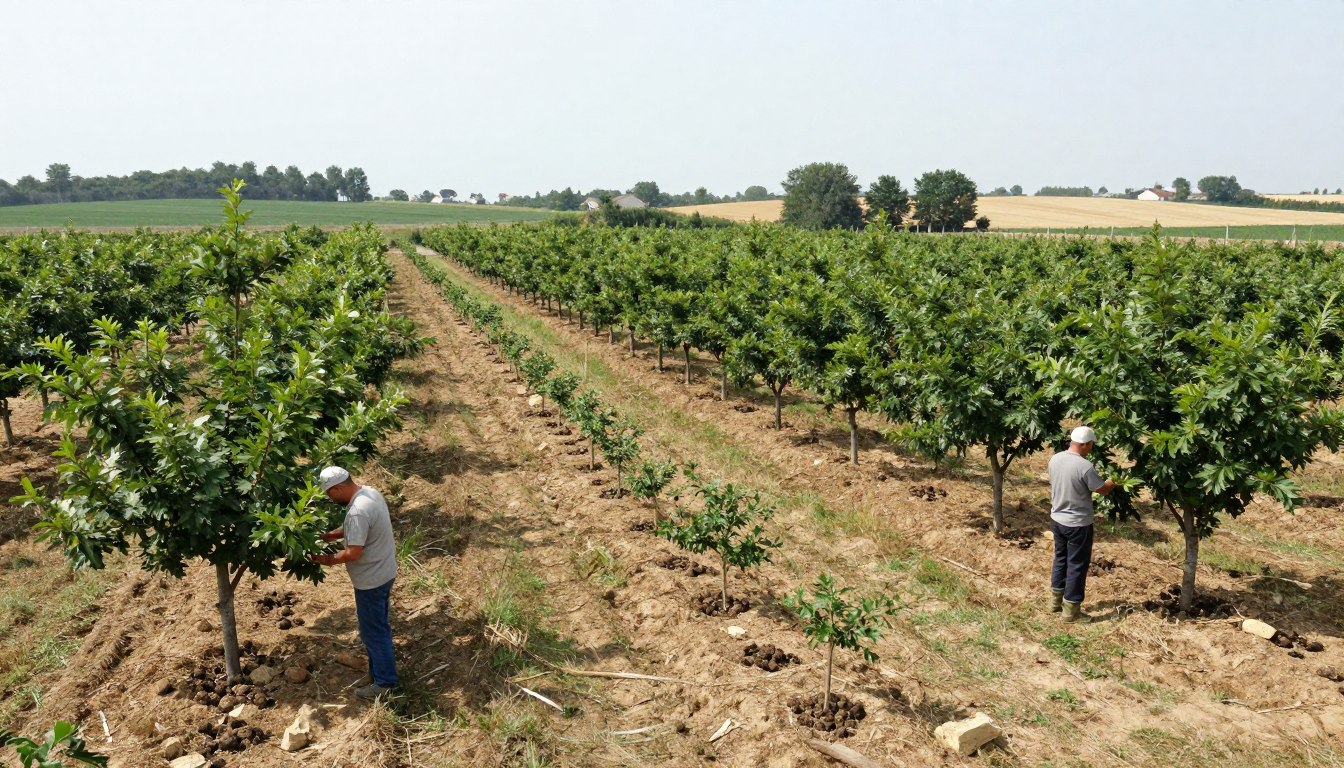 truffle cultivation orchard with inoculated trees in rows being tended by farmer