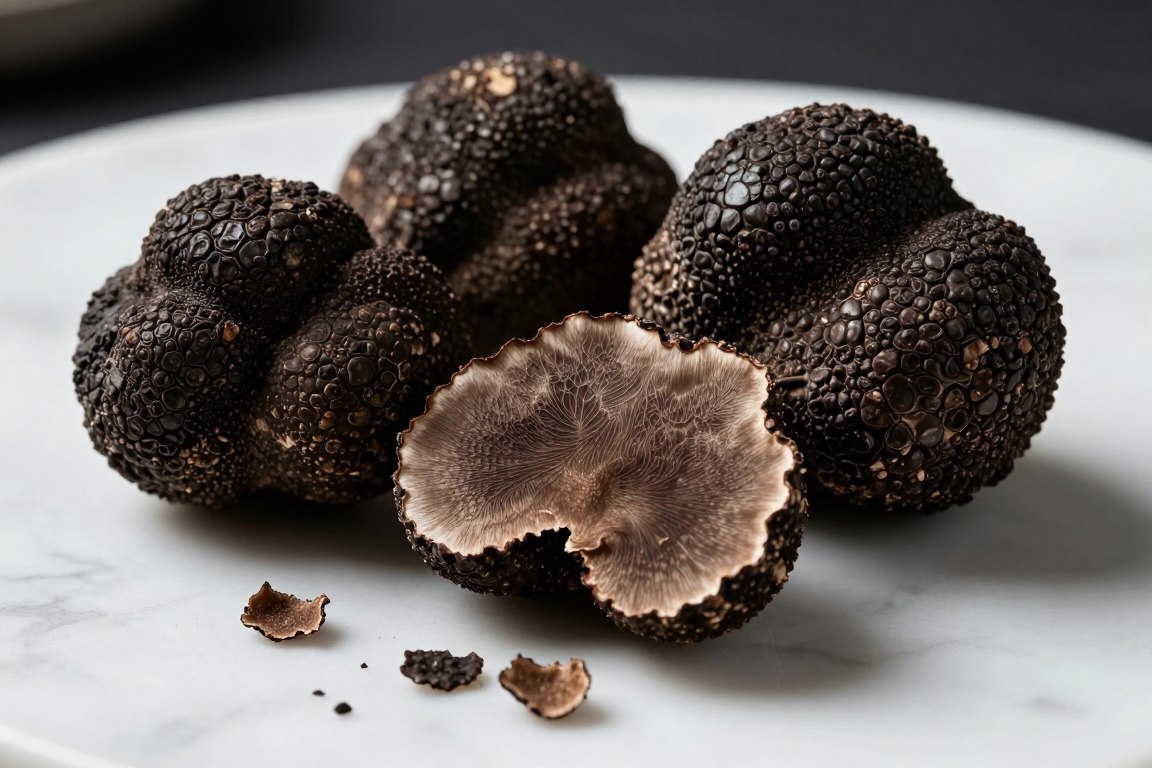 black truffle sliced thinly showing deep colour and texture