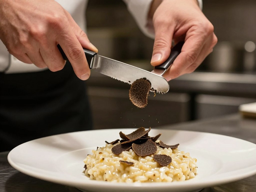 Chef shaving fresh truffle over risotto dish