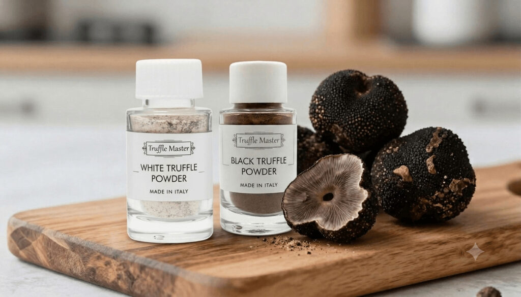 Truffle powder in artisan glass jar next to fresh black truffles on rustic wooden table