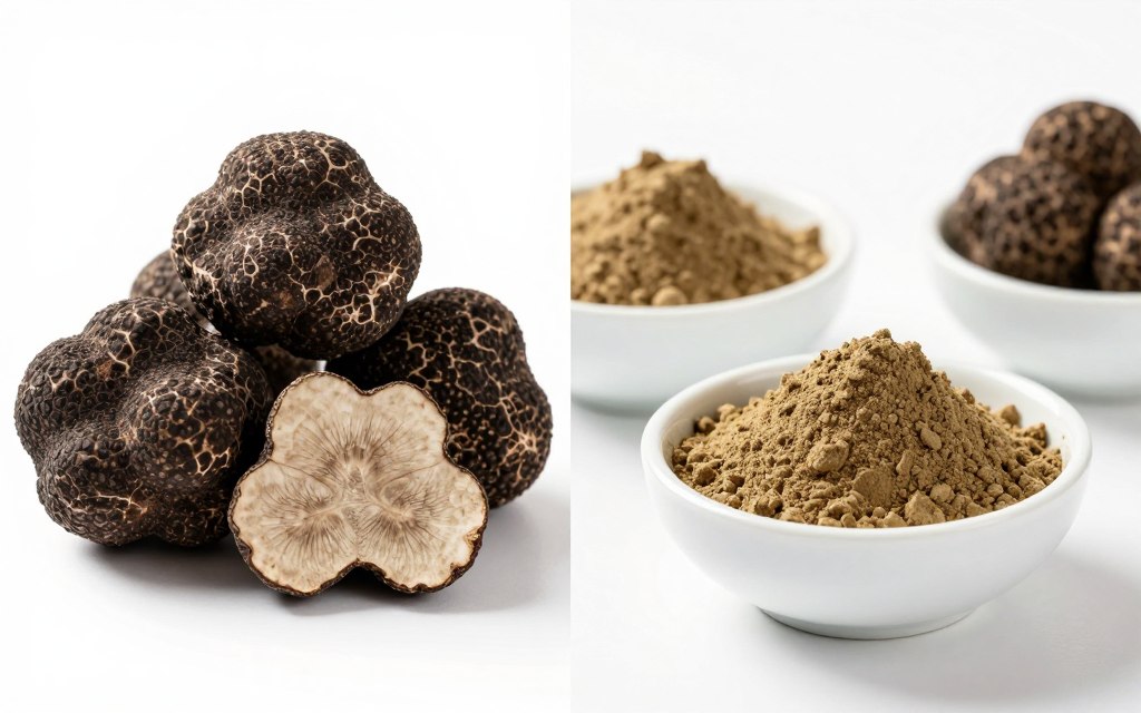 comparison of fresh truffles and truffle powder side by side