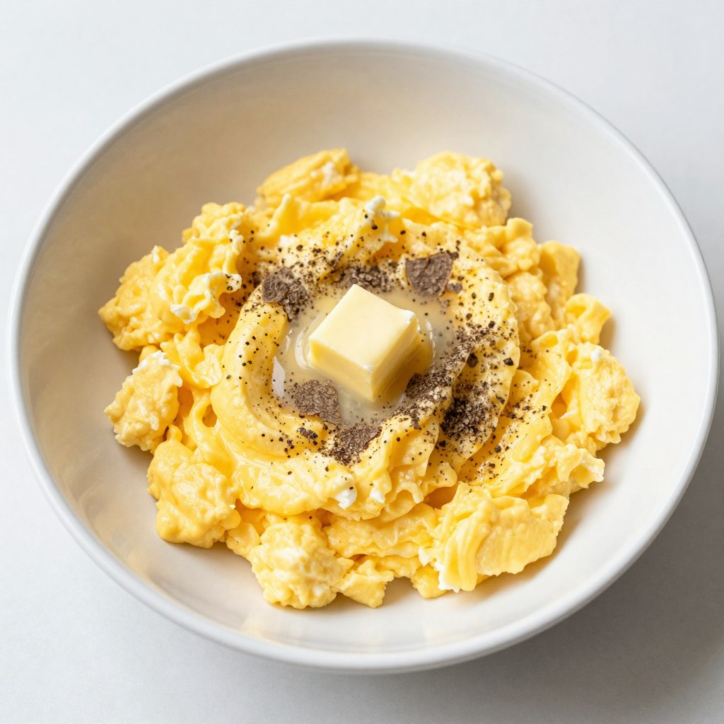 Truffle powder dusted over creamy scrambled eggs with butter