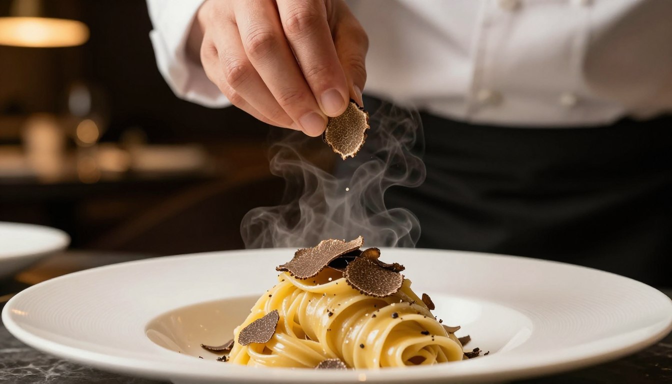 truffle being shaved over pasta dish in restaurant kitchen