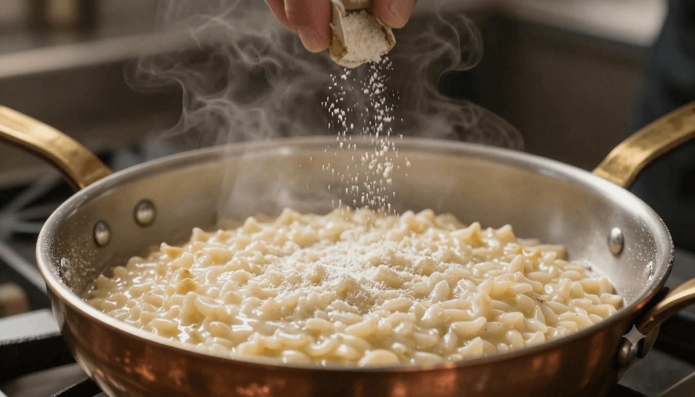 White truffle powder being used to season creamy risotto dish