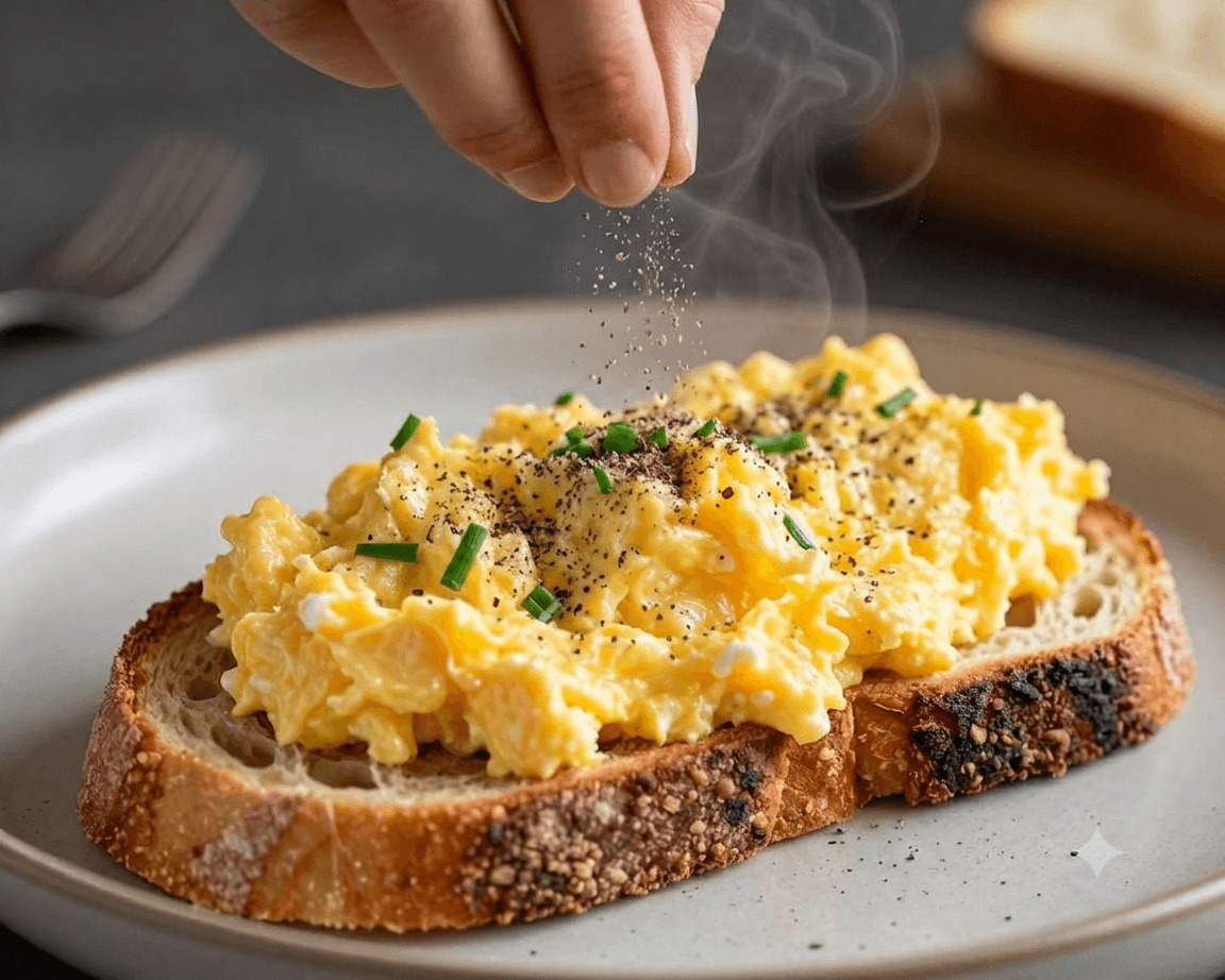 Truffle powder being sprinkled over scrambled eggs on toast with fresh herbs
