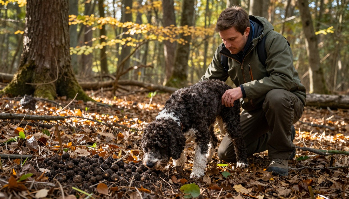 Trained dog searching for truffles in forest with handler
