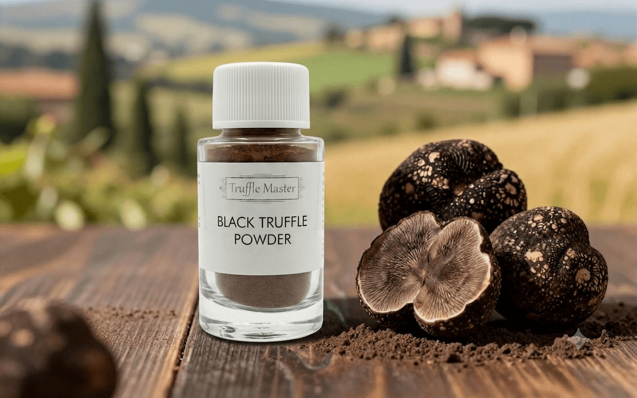 Black truffle powder product jar with fresh black summer truffles from Perugia Italy