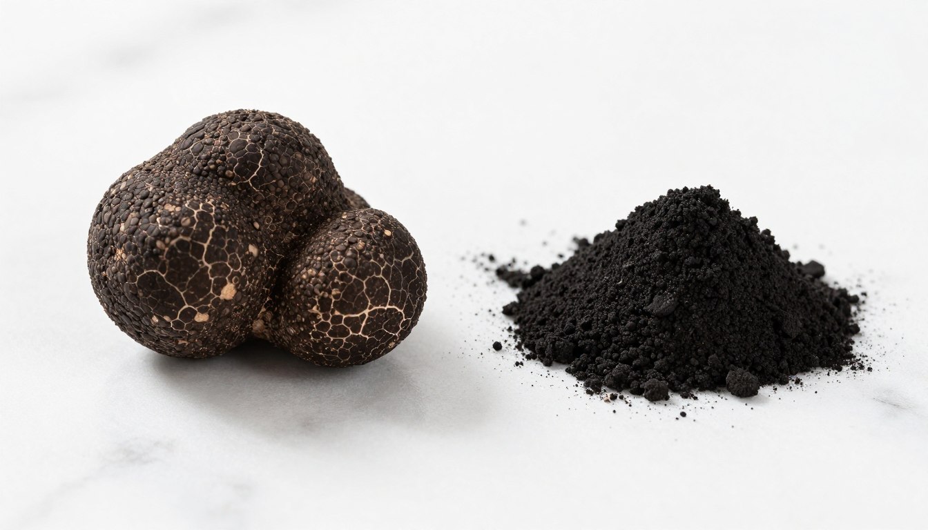 side by side comparison of fresh truffle and truffle powder showing texture and appearance differences