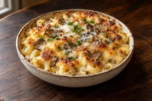 Baked black truffle mac and cheese with a golden cheese topping in a ceramic dish