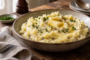 Creamy black truffle mashed potatoes topped with melting butter and chives