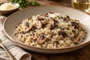 Creamy mushroom risotto with Parmesan and black truffle seasoning in a shallow bowl.