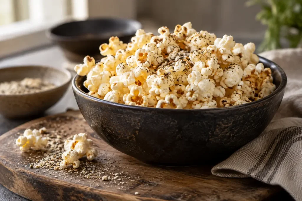 Bowl of savoury popcorn dusted with black truffle seasoning and Parmesan