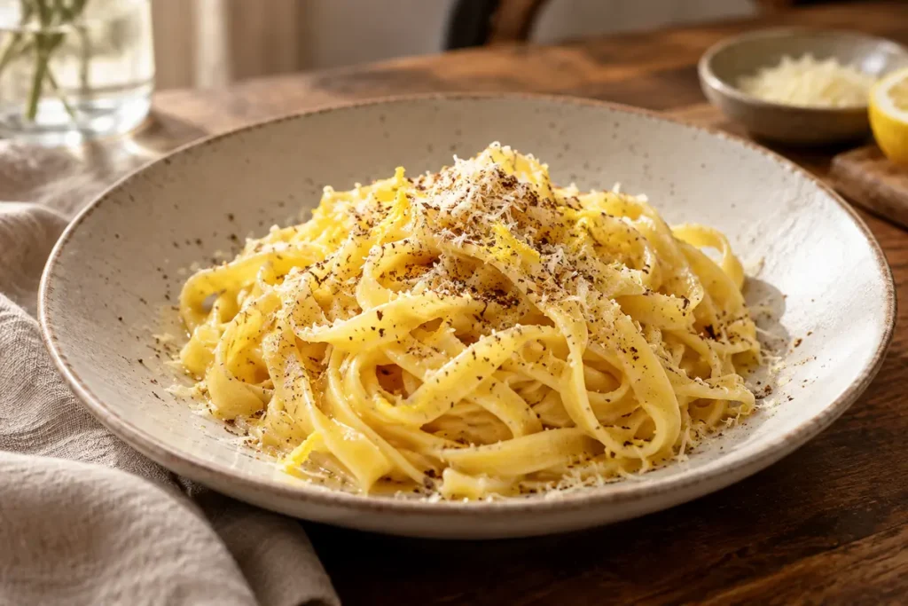 Tagliatelle with butter, Parmesan, lemon zest and white truffle seasoning