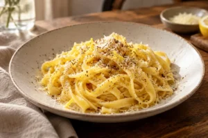 Tagliatelle with butter, Parmesan, lemon zest and white truffle seasoning