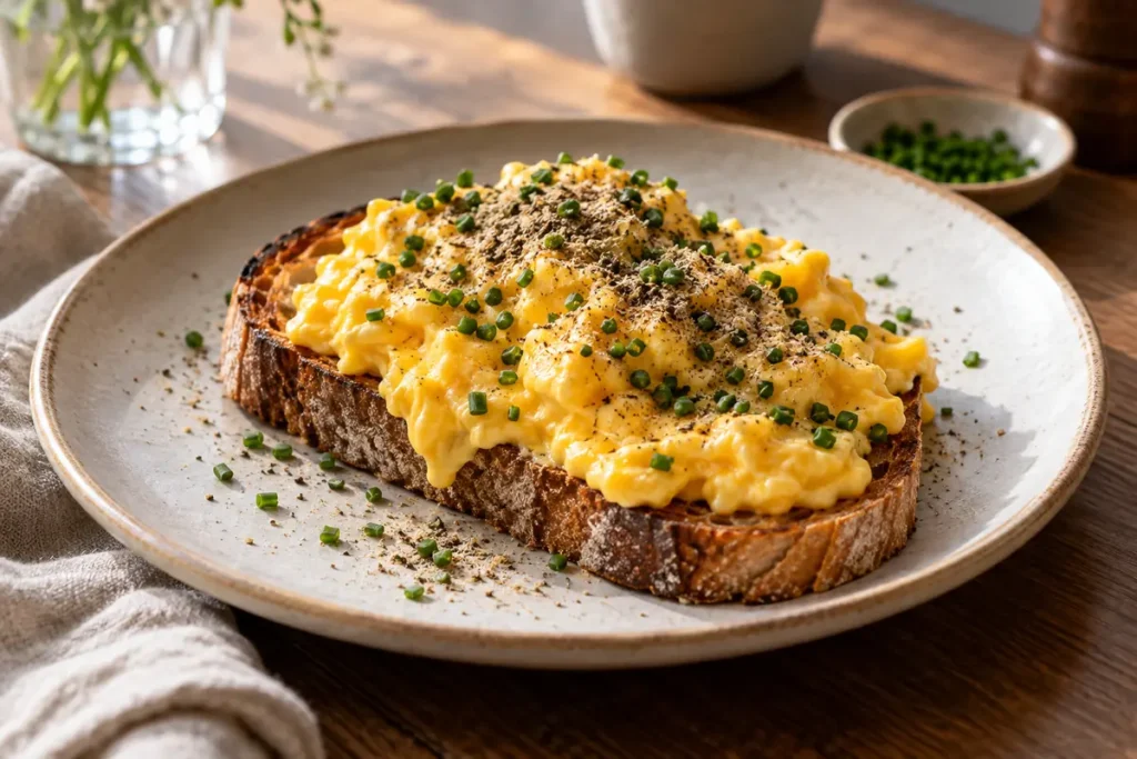 Soft scrambled eggs on toasted sourdough with chives and white truffle seasoning