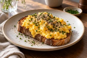 Soft scrambled eggs on toasted sourdough with chives and white truffle seasoning