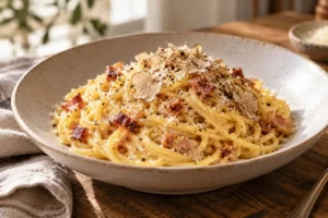 Spaghetti carbonara with pancetta, Pecorino and a dusting of white truffle seasoning