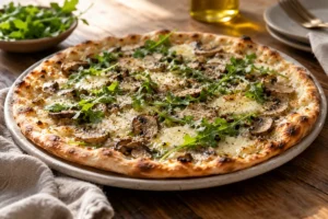 Thin-crust mushroom pizza with mozzarella, rocket and white truffle seasoning