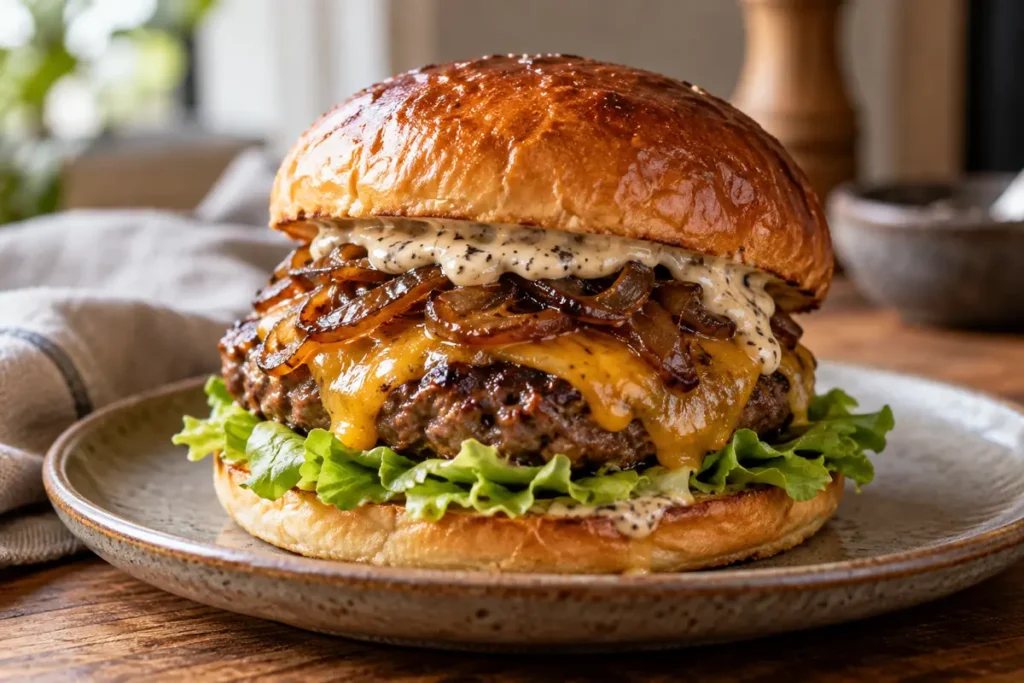Truffle cheeseburger with caramelised onions and black truffle sauce mayo