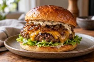 Truffle cheeseburger with caramelised onions and black truffle sauce mayo