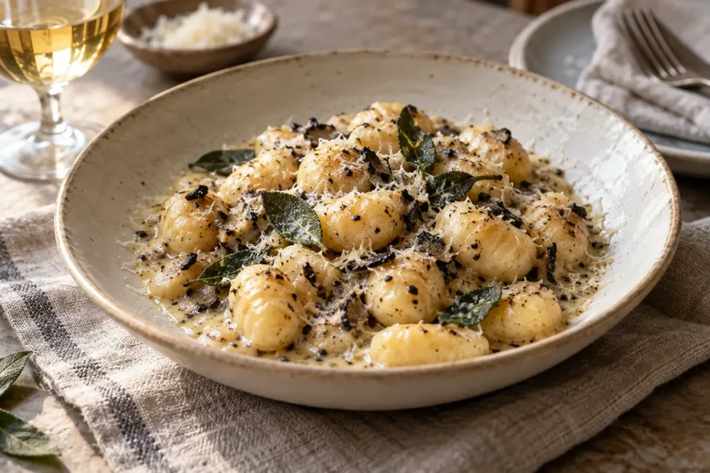 Gnocchi with summer black truffle sauce, sage and grated Parmesan