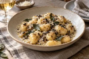 Gnocchi with summer black truffle sauce, sage and grated Parmesan
