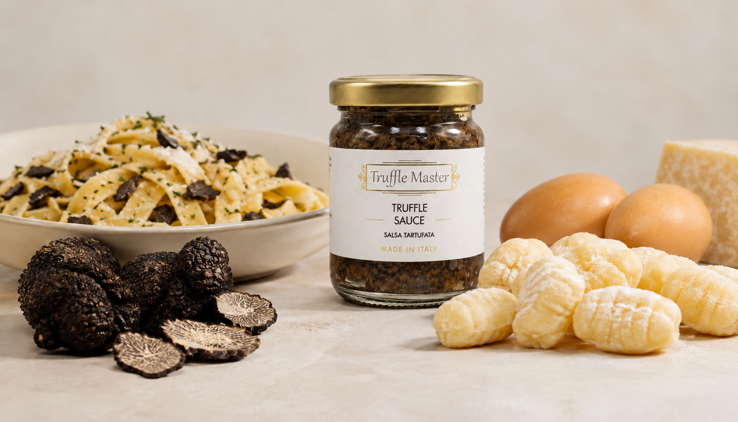Truffle Master summer black truffle sauce beside pasta