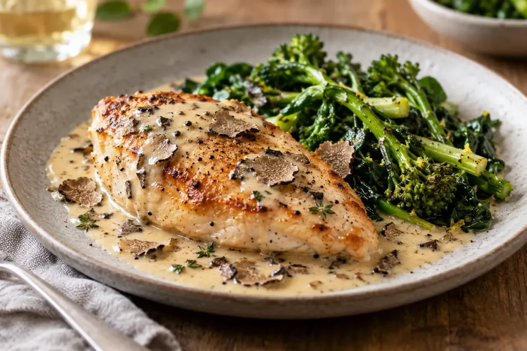 Pan-seared chicken breast with creamy black truffle sauce and green vegetables