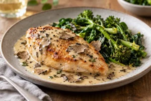 Pan-seared chicken breast with creamy black truffle sauce and green vegetables