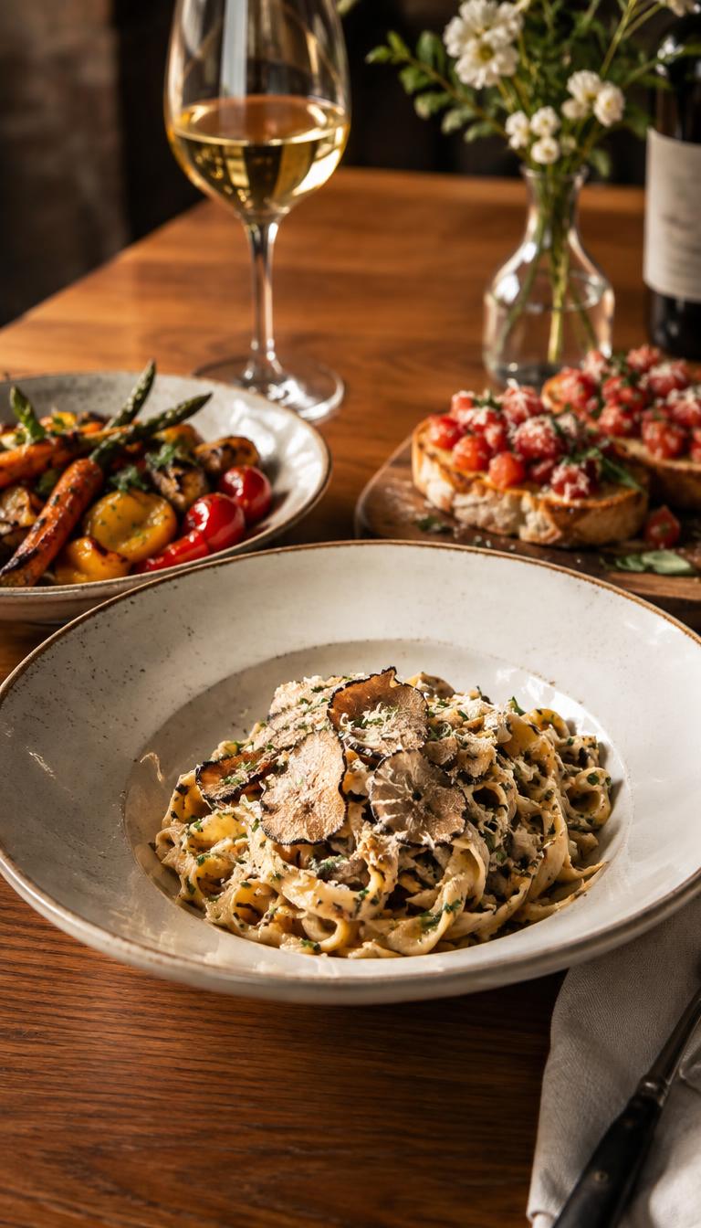 truffle sauce served with pasta and vegetables at the table